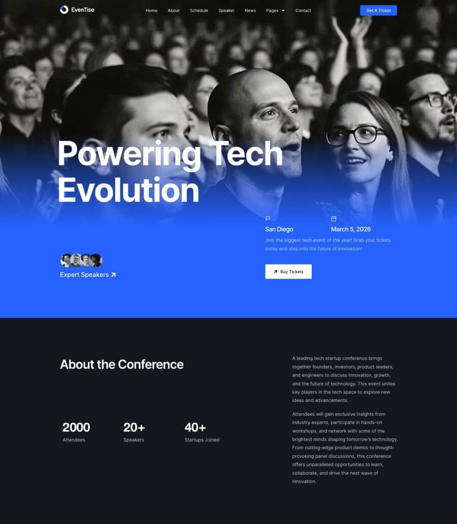EvenTise – Elementor Conference & Event Website Template